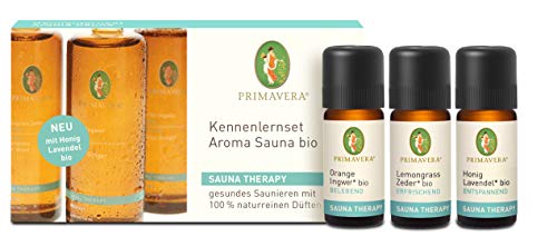 PRIMAVERA Kennenlernset Aroma Sauna bio 3 x 10 ml Geschenkbox - Orange Ingwer, Lemongrass Zeder, Honig Lavendel