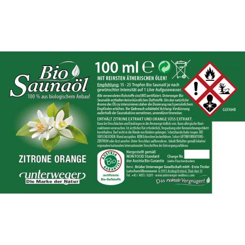 Unterweger BIO Saunaöl Zitrone Orange 100 ml mit reinen ätherischen Ölen (AT-BIO-301) - 2