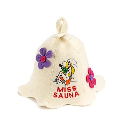 Natural Textile Saunahut 'Miss Sauna Flower' White - 100% organische Wollfilzmützen - Englische Sauna E-Book Handbuch inklusiv - mit Stickerei
