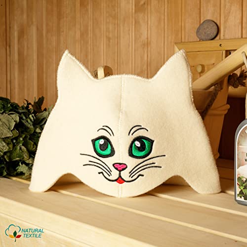 Natural Textile Saunahut ‚Sauna Kitten Green‘ White – 100% organische Wollfilzmützen – Englische Sauna E-Book Handbuch inklusiv – mit Stickerei - 2