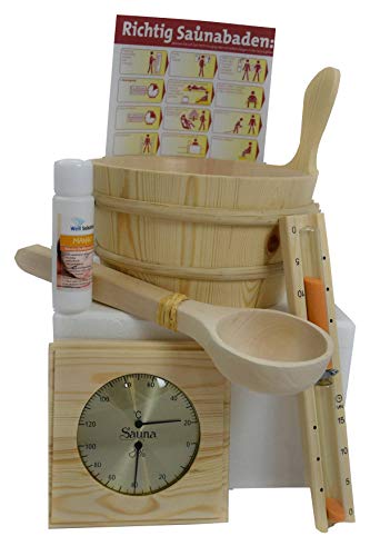 WelaSol® SAUNA SET 7tlg: Kübel ca. 4 Liter, Kunstoffeinsatz, Kelle, Sanduhr, Thermo-/Hygrometer mit Holzrahmen, Aufgusskonzentrat 100ml - 2