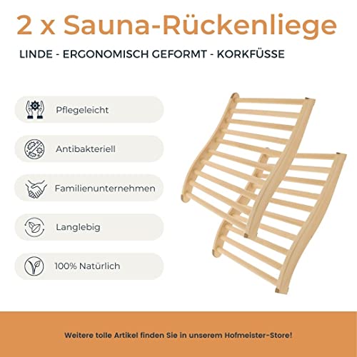 2X HOFMEISTER® Sauna Rückenlehne aus hochwertigem Linden-Holz, 51 cm, ergonomisch geformt, rutschfeste Sauna Rückenstütze - 2