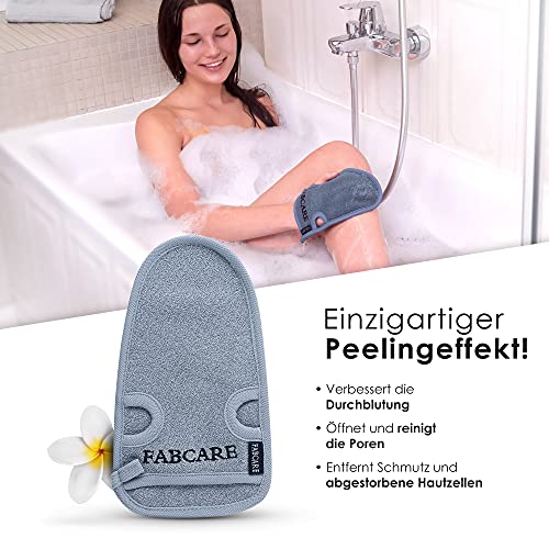 FABCARE Peelinghandschuh – DERMATEST SEHR GUT – 2 Stück – Reinigt Porentief für Körper & Gesicht – Duschschwamm für Peeling & Body Scrub – BONUS 2 Saugnäpfe & Ebook – Massagehandschuh - 2