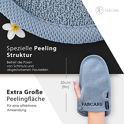 FABCARE Peelinghandschuh – DERMATEST SEHR GUT – 2 Stück – Reinigt Porentief für Körper & Gesicht – Duschschwamm für Peeling & Body Scrub – BONUS 2 Saugnäpfe & Ebook – Massagehandschuh - 3