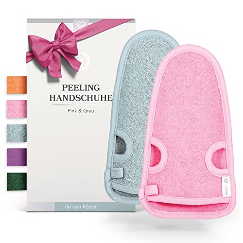 2 Stück - LoWell® - Peelinghandschuh rau inkl. Peeling-Guide (Grau + Pink)