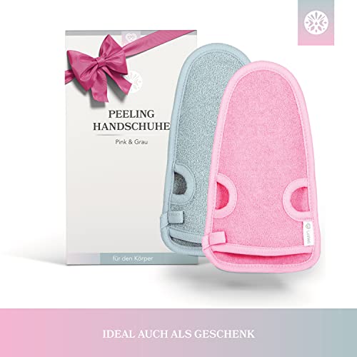 2 Stück – LoWell® – Peelinghandschuh rau inkl. Peeling-Guide (Grau + Pink) - 6