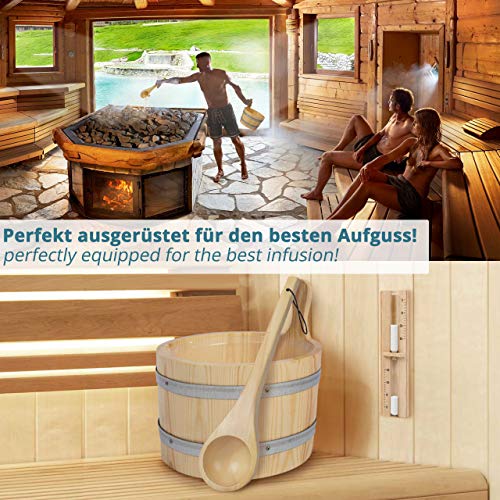 Sauna Kübel aus Kiefernholz 4L – Zubehör Set für Aufguss – Saunazubehör besteht aus Eimer mit Kelle für Saunaaufguss +PLUS: Sanduhr - 4