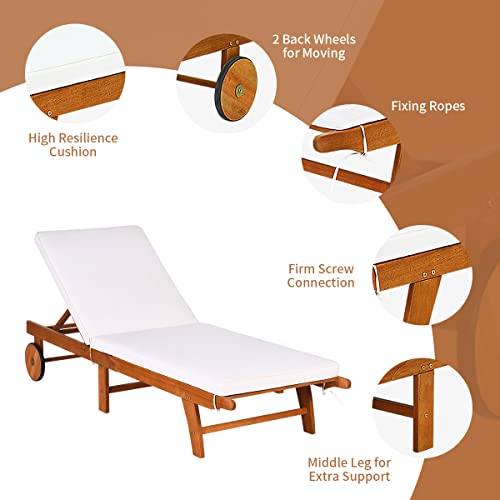 Liegestuhl mit Verstellbarer Rückenlehne & abnehmbarem Kissen Sonnenliege mit Rollen RELAX4LIFE Klappbarer Gartenliege Holz bis 160 kg belastbar Beige Relaxliege für Garten & Balkon & Terrasse 