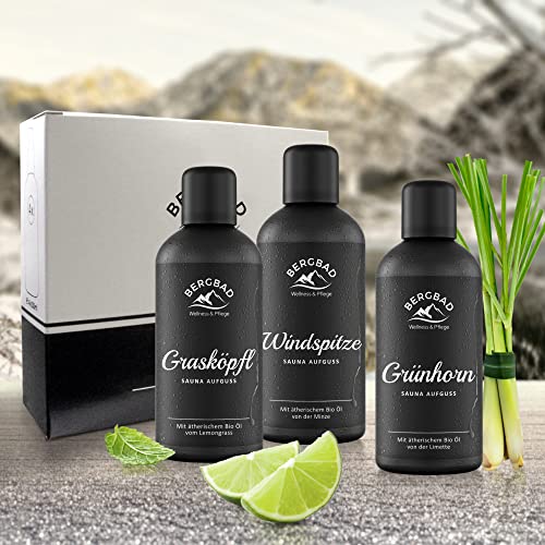 BERGBAD 3 x 100ml BIO Saunaaufguss Set Erfrischung – wohltuendes, erfrischendes Sauna-Aufgussmittel mit Bio-Alkohol, Wasser und 100% naturreinen ätherischen BIO Ölen - 2