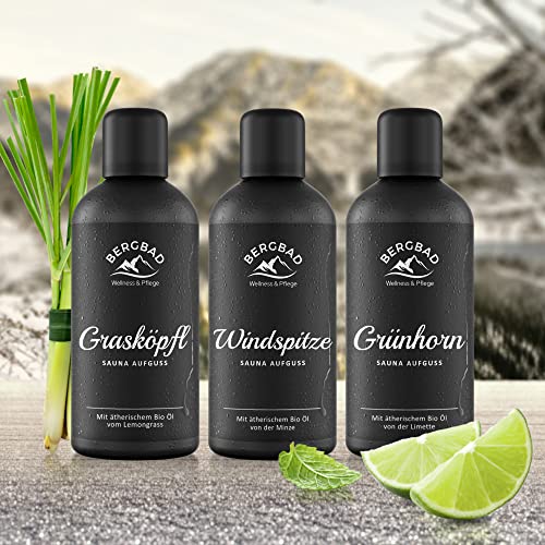 BERGBAD 3 x 100ml BIO Saunaaufguss Set Erfrischung – wohltuendes, erfrischendes Sauna-Aufgussmittel mit Bio-Alkohol, Wasser und 100% naturreinen ätherischen BIO Ölen - 5