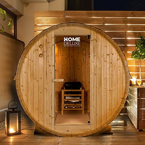 HOME DELUXE - Outdoor Fasssauna LAHTI L - Maße: BxTxH: ca. 194 cm x 191 cm x 180 cm, Holz: Fichtenholz - inkl. Elektroofen und kompl. Saunazubehör, Sauna für 4 Personen