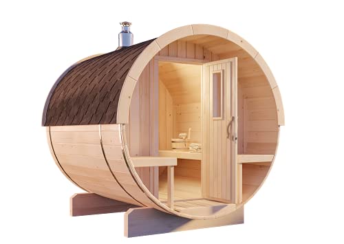 FinnTherm Fass-Sauna Tori aus Holz mit 42 mm Wandstärke besondere Dachform