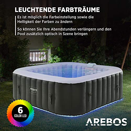 Arebos Whirlpool | automatisch aufblasbar | In- & Outdoor | 6 Personen | 185 x 185 cm | LED Leuchtband | 130 Massagedüsen | 910 Liter | Inkl. Abdeckung | Bubble Spa & Wellness Massage - 4