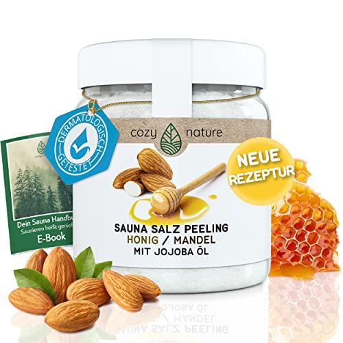 CozyNature Sauna Salz Peeling Honig Mandel 500 g | Für die Sauna, Dusche und Dampfbad | Meersalz Jojobaöl Vitamin E Body Scrub | Honig-Mandel, 500 Gramm