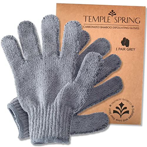 TEMPLE SPRING - Peelinghandschuh, Peeling Handschuh aus Bambus, Peeling Handschuhe, Badeschwamm Natur, Saunahandschuh, Körperschwamm Natur (Grau)
