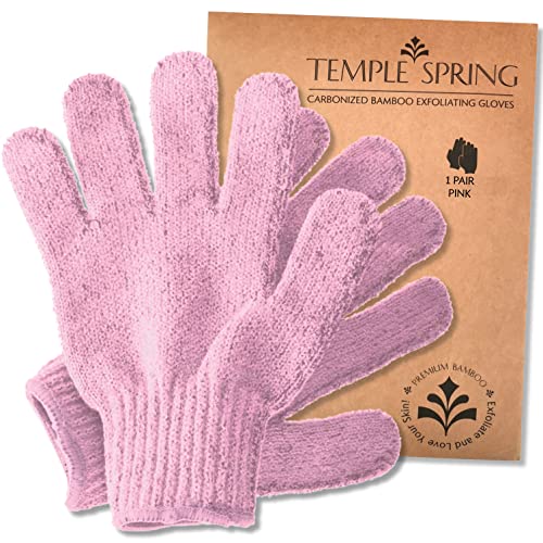 TEMPLE SPRING - Peelinghandschuh, Peeling Handschuh aus Bambus, Peeling Handschuhe, Badeschwamm Natur, Saunahandschuh, Körperschwamm Natur (Rosa)