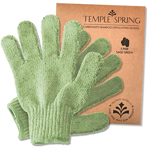 TEMPLE SPRING - Peelinghandschuh, Peeling Handschuh aus Bambus, Peeling Handschuhe, Badeschwamm Natur, Saunahandschuh, Körperschwamm Natur (Salbeigrün)