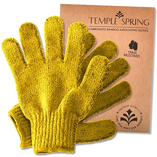 TEMPLE SPRING - Peelinghandschuh, Peeling Handschuh aus Bambus, Peeling Handschuhe, Badeschwamm Natur, Saunahandschuh, Körperschwamm Natur (Senf)