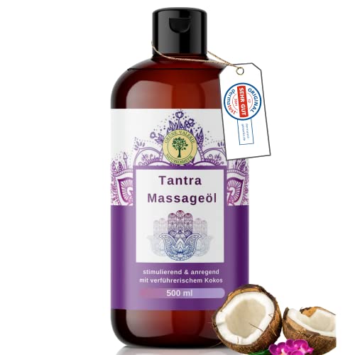 Tantra Massageöl 500 ML XXL | mit sinnlichem Kokos | Liebesöl Grüne Valerie Stimulierend und anregend, perfekt für die leidenschaftliche Partnermassage