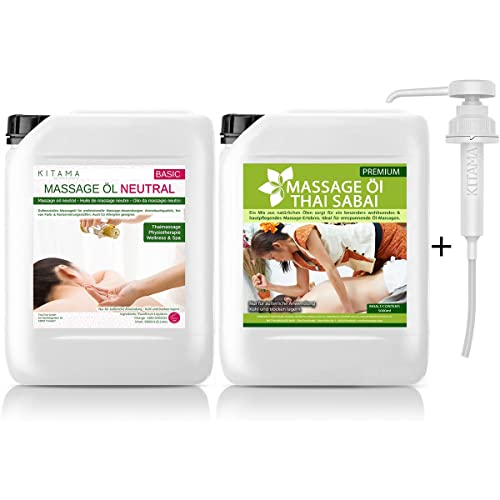 Kitama - 10L Massage-Öl Set: 5L Massageöl Neutral & Soft + 5L Massage-Öl Thai Sabai + DIN 45 Kanisterpumpe