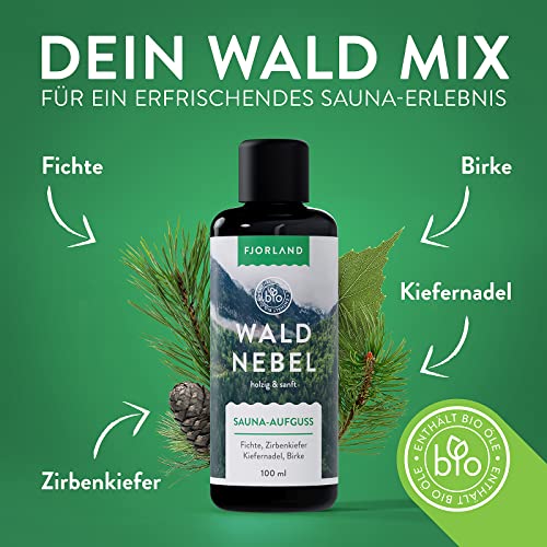 FJORLAND Waldnebel Saunaaufguss BIO mit Fichte, Zirbe, Kiefernadel, Birke 100 ml – Natürlicher Wald Saunaduft mit ätherischen Ölen – Entspannende Sauna Aufgussmittel hochdosiert - 3