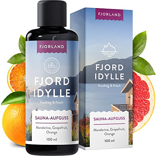 FJORLAND Fjordidylle Saunaaufguss BIO mit Mandarine, Grapefruit, Orange 100 ml - Natürlicher fruchtiger Saunaduft mit ätherischen Ölen - Entspannende Sauna Aufgussmittel hochdosiert