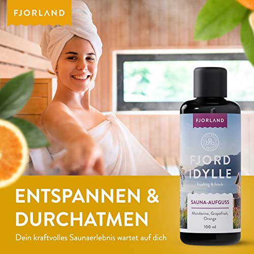 FJORLAND Fjordidylle Saunaaufguss BIO mit Mandarine, Grapefruit, Orange 100 ml – Natürlicher fruchtiger Saunaduft mit ätherischen Ölen – Entspannende Sauna Aufgussmittel hochdosiert - 2