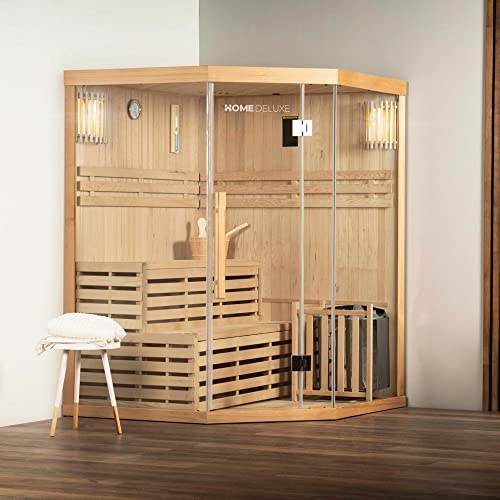 Home Deluxe - Traditionelle Sauna - Skyline XL - Maße: 150 x 150 x 200 cm - für 2-3 Personen, Hemlocktanne, inkl. Ofen, Saunazubehör I Dampfsauna Aufgusssauna Finnische Sauna