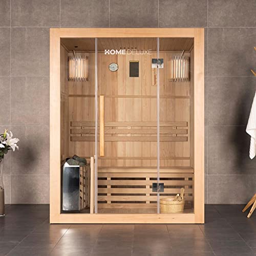Home Deluxe - Traditionelle Sauna - Skyline L - Maße: 120 x 150 x 190 cm - für 2-3 Personen, Hemlocktanne, inkl. Ofen, Saunazubehör I Dampfsauna Aufgusssauna Finnische Sauna