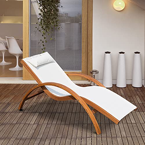 Outsunny Sonnenliege Gartenliege Liegestuhl Relaxliege Liege Relaxsessel mit Kopfkissen Lärche + Textilgewebe Braun+Creme 161 x 72 x 68 cm - 2