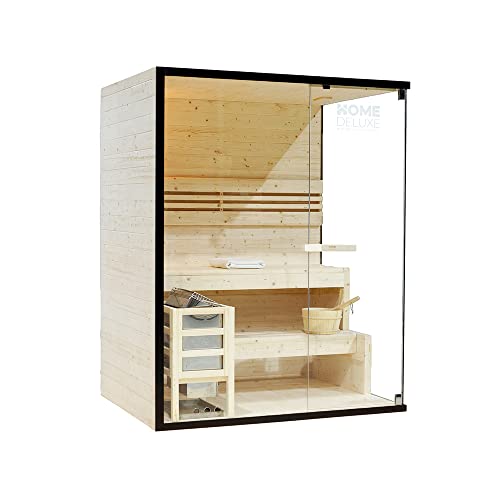 Home Deluxe – Traditionelle Sauna – Shadow L – 150 x 120 x 190 cm – für 3 Personen – hochwertiges Fichtenholz, inkl. Saunaofen, Saunazubehör I Dampfsauna Aufgusssauna Finnische Sauna Bio Sauna - 3