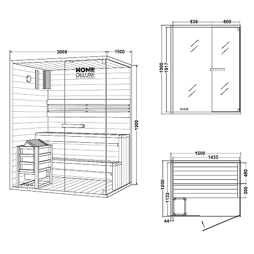 Home Deluxe – Traditionelle Sauna – Shadow L – 150 x 120 x 190 cm – für 3 Personen – hochwertiges Fichtenholz, inkl. Saunaofen, Saunazubehör I Dampfsauna Aufgusssauna Finnische Sauna Bio Sauna - 8