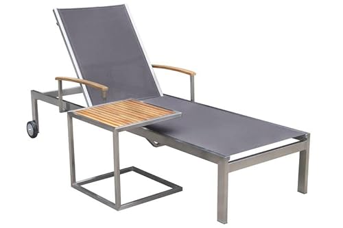 OUTFLEXX Sonnenliege inkl. Tisch aus hochwertigem taupefarbenen Edelstahl und Teak-Holz, ca. 45x45cm, wetterfeste Sonnenliege, komplettes Set mit komfortabler Outdoorliege, praktischer Beistelltisch