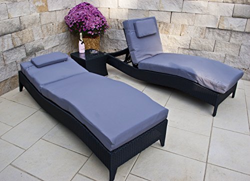PolyRattan Sonnenliege DEUTSCHE MARKE – EIGNENE PRODUKTION – 8 Jahre GARANTIE auf UV-Beständigkeit Polster Tisch + Glasplatte 2 Sonnenliegen Set - 3