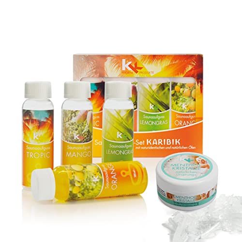 Sauna Set | KK Saunaaufgussset 4 x 100 ml + 50g Mentholkristalle | Saunakonzentrat + Menthol-Kristalle (Karibik), inkl. 50 g Menthol-Kristalle)