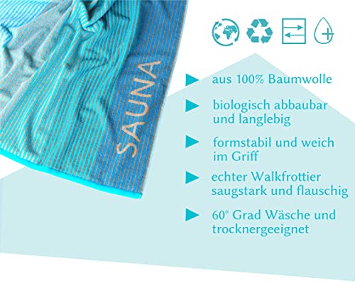 Lashuma Saunatuch Helsinki, Blau – Türkis, Liegetuch für die Sauna, XXL Badetuch, 100% Baumwolle, 85×200 cm - 4