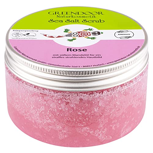 Greendoor Körperpeeling Meersalz Rose, natürliches Peeling ohne Mikroplastik für Damen, 280g Duschpeeling ohne Konservierungsmittel, mit straffendem Mandelöl, Body Scrub, Naturkosmetik Sauna-Salz - 2