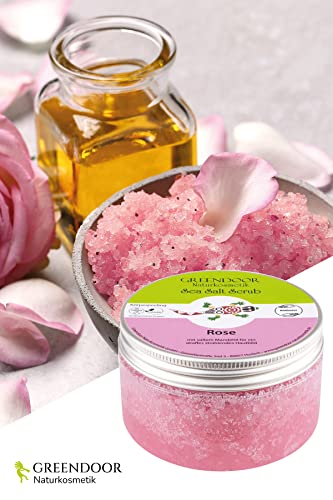 Greendoor Körperpeeling Meersalz Rose, natürliches Peeling ohne Mikroplastik für Damen, 280g Duschpeeling ohne Konservierungsmittel, mit straffendem Mandelöl, Body Scrub, Naturkosmetik Sauna-Salz - 4