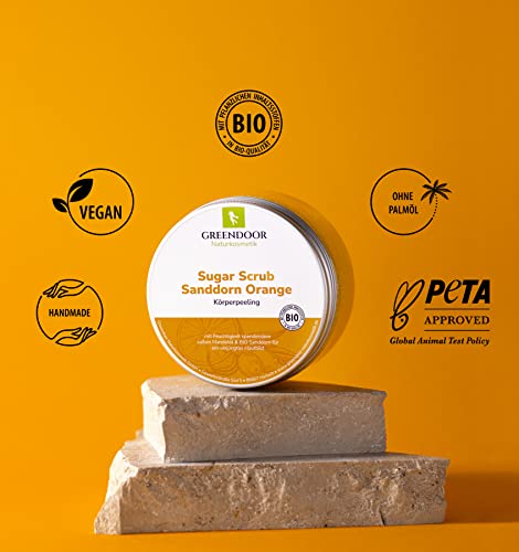 Greendoor Körperpeeling Sugar Scrub Sanddorn Orange, Zucker Peeling ohne Farbstoffe, Duschpeeling ohne Mikroplastik, Hautpeeling ohne Konservierungsmittel, 230g, für strahlende Haut - 4