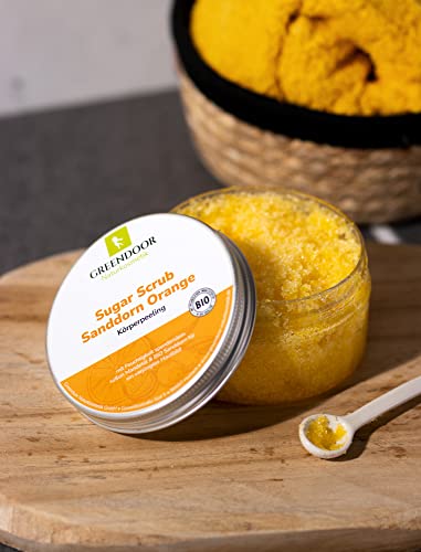 GREENDOOR Körperpeeling Sugar Scrub Sanddorn Orange, Zucker Peeling ohne Farbstoffe, Duschpeeling ohne Mikroplastik, Hautpeeling ohne Konservierungsmittel, für strahlende Haut, 200 ml - 6