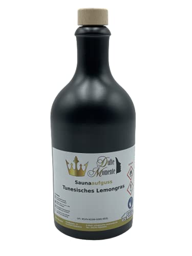 Sauna Aufguss Tunesisches Lemongras - 500ml in schwarzer Steinzeugflasche mit Korkmündung in gewohnter Premiumqualität von Dufte Momente