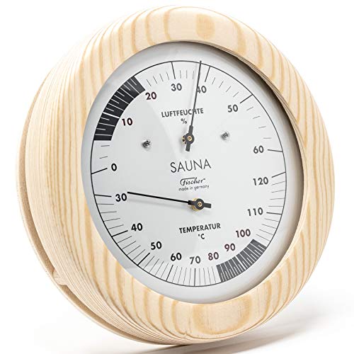 Fischer 196TH-03 - Sauna-Thermohygrometer - 150mm Haar-Hygrometer und Bimetall-Thermometer aus Kiefer - Made in Germany