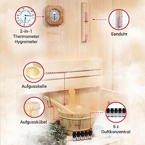 Suleno Sauna Set 10-teilig Saunazubehör Saunakelle Saunakübel Sanduhr Hygrometer Thermometer 5 x Duftkonzentrate - 5