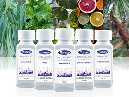 Florage 5x 100ml Saunaaufguss Saunaduft Konzentrat Duftöl Geschenkset – Eukalyptus, Minze, Latschenkiefer, Citrone/Orange, Sauna Gold – auch für Kräuterbäder, Aromaschalen und Thermarien - 2