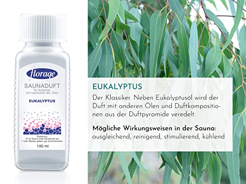 Florage 5x 100ml Saunaaufguss Saunaduft Konzentrat Duftöl Geschenkset – Eukalyptus, Minze, Latschenkiefer, Citrone/Orange, Sauna Gold – auch für Kräuterbäder, Aromaschalen und Thermarien - 4