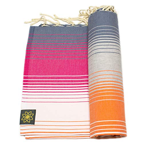 ANNA ANIQ Hamamtuch Fouta Strandtuch Saunatuch – XXL Extra Groß 200 x 100cm – 100% Baumwolle, orientalisches Bade-Tuch, Pestemal, Strand-Handtuch (Jeans-Blau Orange schattiert) - 4