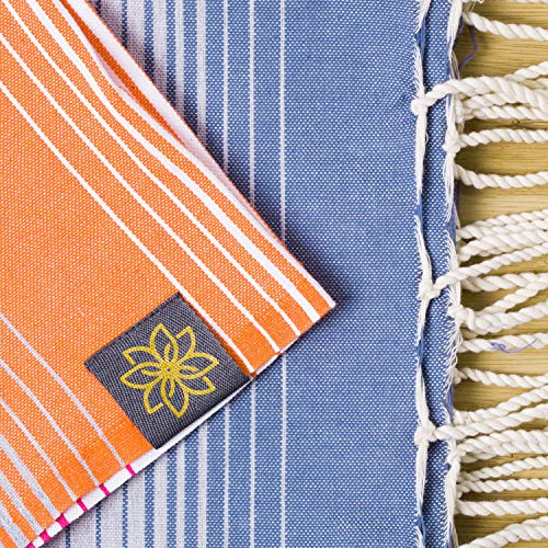 ANNA ANIQ Hamamtuch Fouta Strandtuch Saunatuch – XXL Extra Groß 200 x 100cm – 100% Baumwolle, orientalisches Bade-Tuch, Pestemal, Strand-Handtuch (Jeans-Blau Orange schattiert) - 6