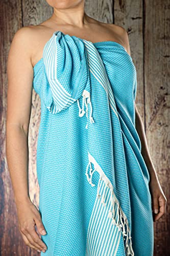 Happy Towels Hamamtücher | Türkisblau und Weiß | 210 cm x 95 cm | 60% Bambus und 40% Bio-Baumwolle | Fairtrade