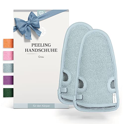 2 Stück - LoWell® - Peelinghandschuh rau inkl. Peeling-Guide + 2 x BONUS Saugnapf - Entspannung für deinen Körper - Wellness Handschuh - Dusch Schwamm Body - Hamam Handschuhe Gesicht (Grau)