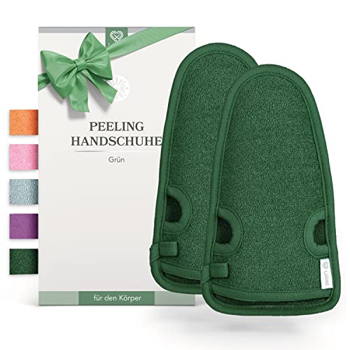 2 Stück - LoWell® - Peelinghandschuh rau inkl. Peeling-Guide + 2 x BONUS Saugnapf - Entspannung für deinen Körper - Wellness Handschuh - Dusch Schwamm Body - Hamam Handschuhe Gesicht (Grün)